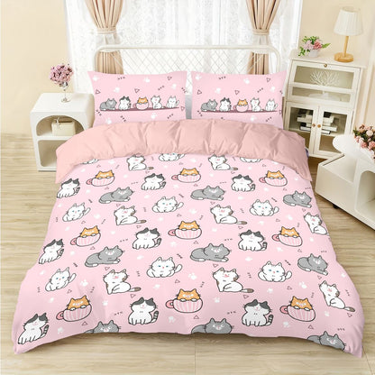 3pcs (1 duvet cover, 2 pillowcases, coreless), pink cute cartoon cat element printed bedding set, soft and comfortable