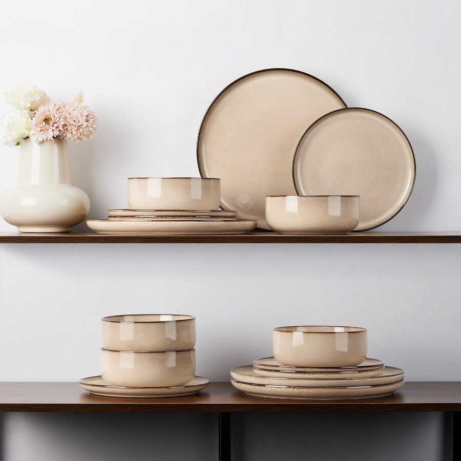 24Piece Plates and Bowls Set Stoneware Dinnerware Sets for 8 Reactive Glaze Ceramic Dinning Ware Dishes Microwave and Dishwashe
