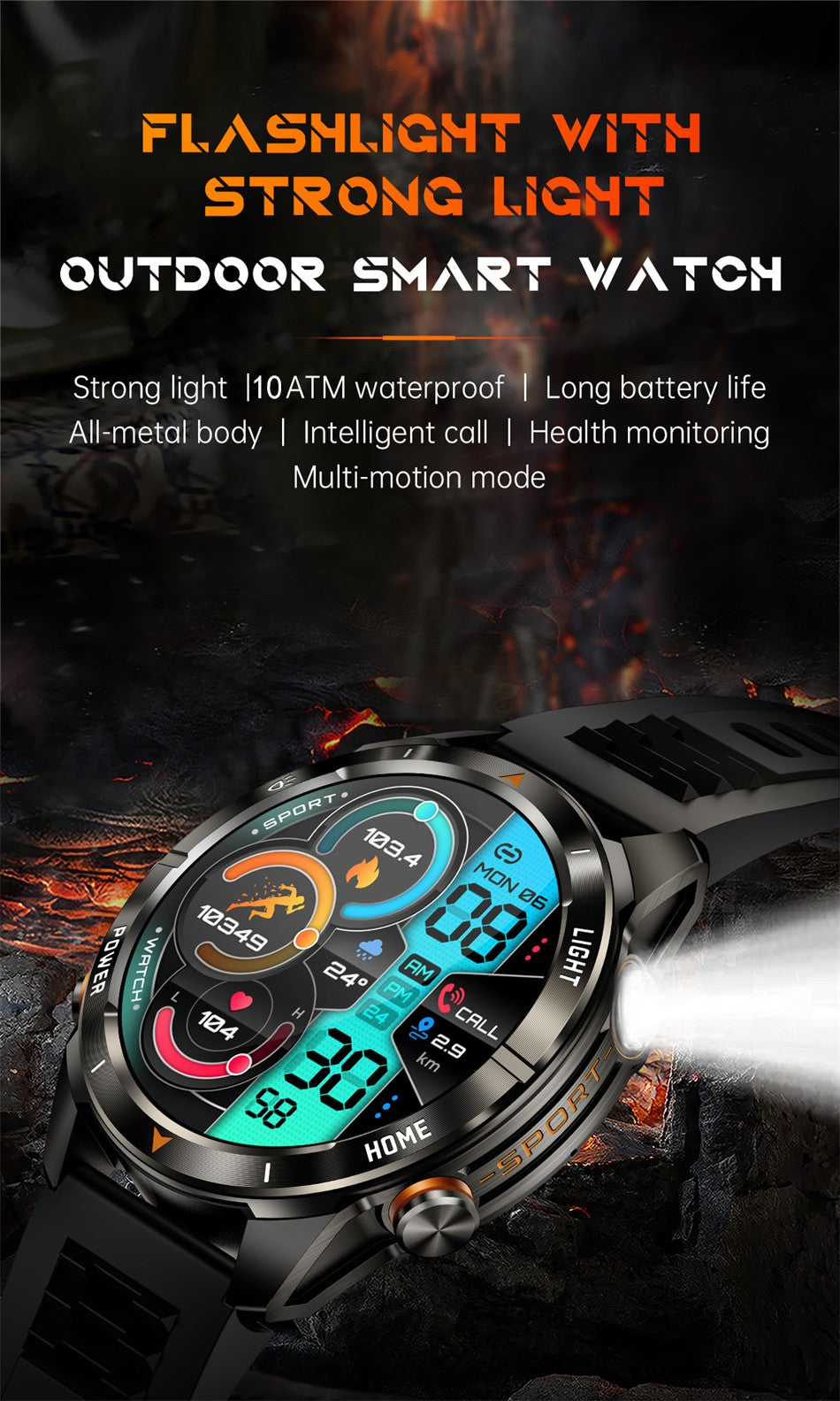 New Outdoor Sport Smart Watch Men 1.46" AMOLED Screen LED Flashlight 515mAh Battery 10ATM Waterproof Bluetooth Call Smartwatch