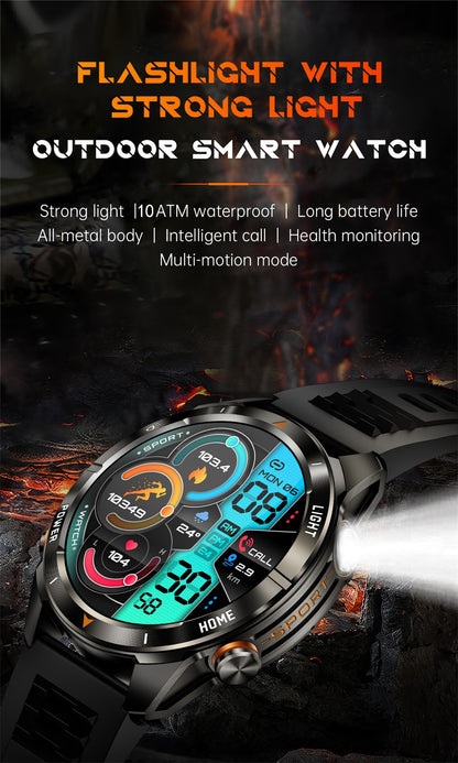New Outdoor Sport Smart Watch Men 1.46" AMOLED Screen LED Flashlight 515mAh Battery 10ATM Waterproof Bluetooth Call Smartwatch
