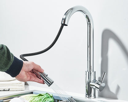 Torneira Misturadora de Cozinha Monocomando Quente e Frio com Bico Extensível e Duas Funções, Montada na Bancada