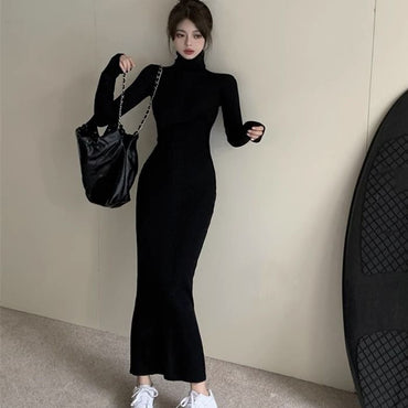 Sexy Black Turtleneck Knitted Bodycon Dress Women Autumn Winter Long Sleeve Sweater Dress Woman Korean Bottoming Long Dresses