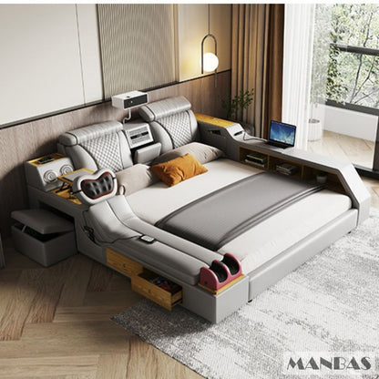 MANBAS Tech Smart Bed - the Ultimate Multifunctional Bedframe with Genuine Leather, Massage, Speaker, Projector, Air Purifier