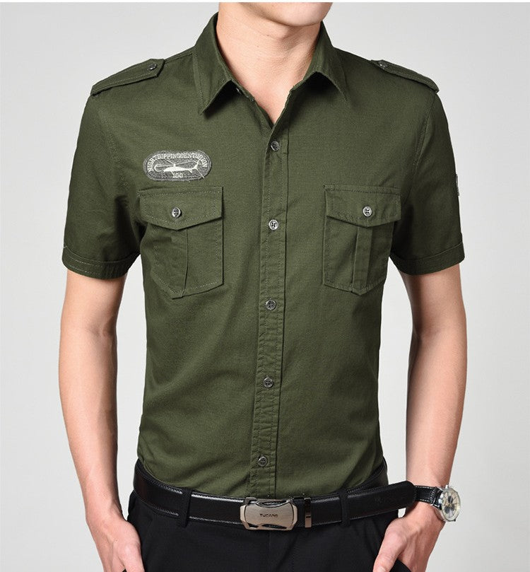 Men Cargo Shirts Summer Military Cotton Short Sleeve Shirts Retro Slim Fit With Pocket Epaulets Half Sleeve Shirts Drop Shipping