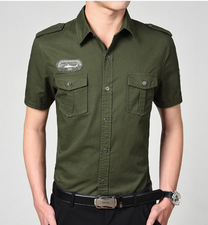 Men Cargo Shirts Summer Military Cotton Short Sleeve Shirts Retro Slim Fit With Pocket Epaulets Half Sleeve Shirts Drop Shipping