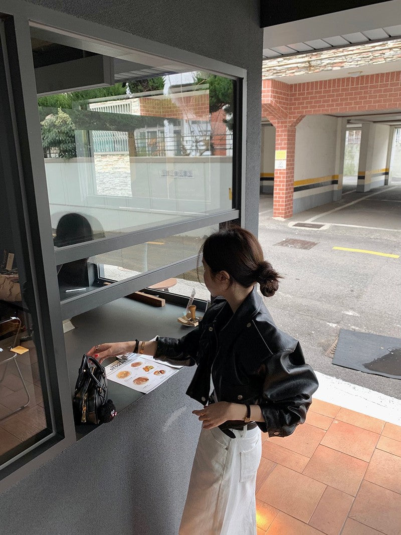 Women's Loose ort PU Leather Jaet Double ket Retro Collar Zipper Versatile Motorcycle Sle Top Trendy Commute Wind