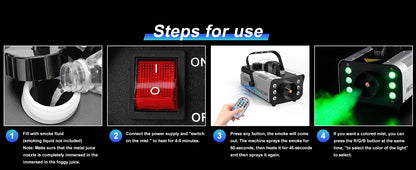 1200W Smoke Machine RGB 6LEDs Lighting Fog Machine Remote Control Stage Smoke Haze Generator for Disco Party Nightclub Wedding