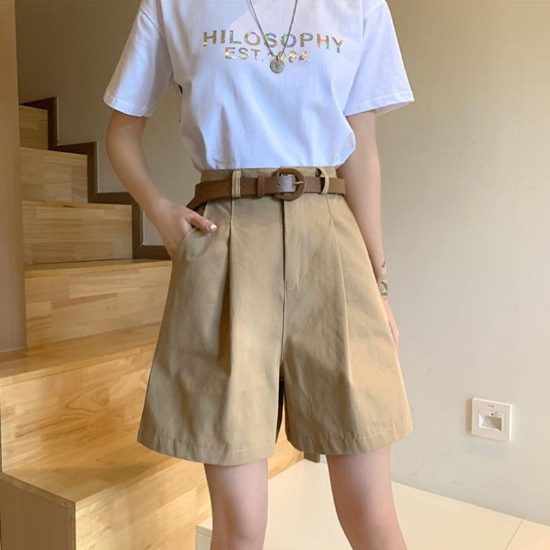 Workwear Shorts for Women High Waist Summer Wide-leg Shorts Belt Khaki Casual Cotton Korean Fashion Solid Pocket Womens Shorts