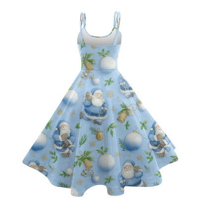 High Quality Cute Women's Casual Fashion Round Neck Christmas Print Mid-Length Dress Pretty Sweet Christmas Suspender Dress