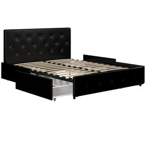 Cama de Plataforma Estofada com 28 cm de Altura para Suporte Elevado de Colchão, Não Necessita de Box Spring, Queen, Couro Sintético Preto