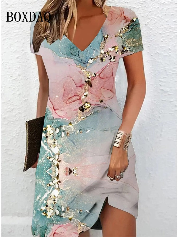 Women's Casual Dress Summer 2024 Marble Print V Neck Short Sleeve Midi Dress Tie