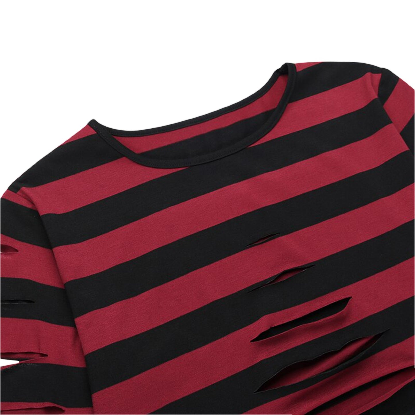 Women's Distressed Crop Tops Gothic Long Sleeve Round Neck Striped Print Loose T-Shirts Halloween Costume