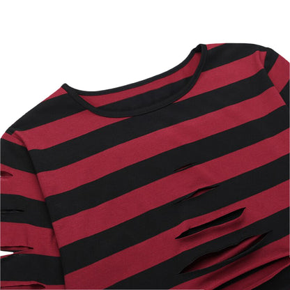 Women's Distressed Crop Tops Gothic Long Sleeve Round Neck Striped Print Loose T-Shirts Halloween Costume