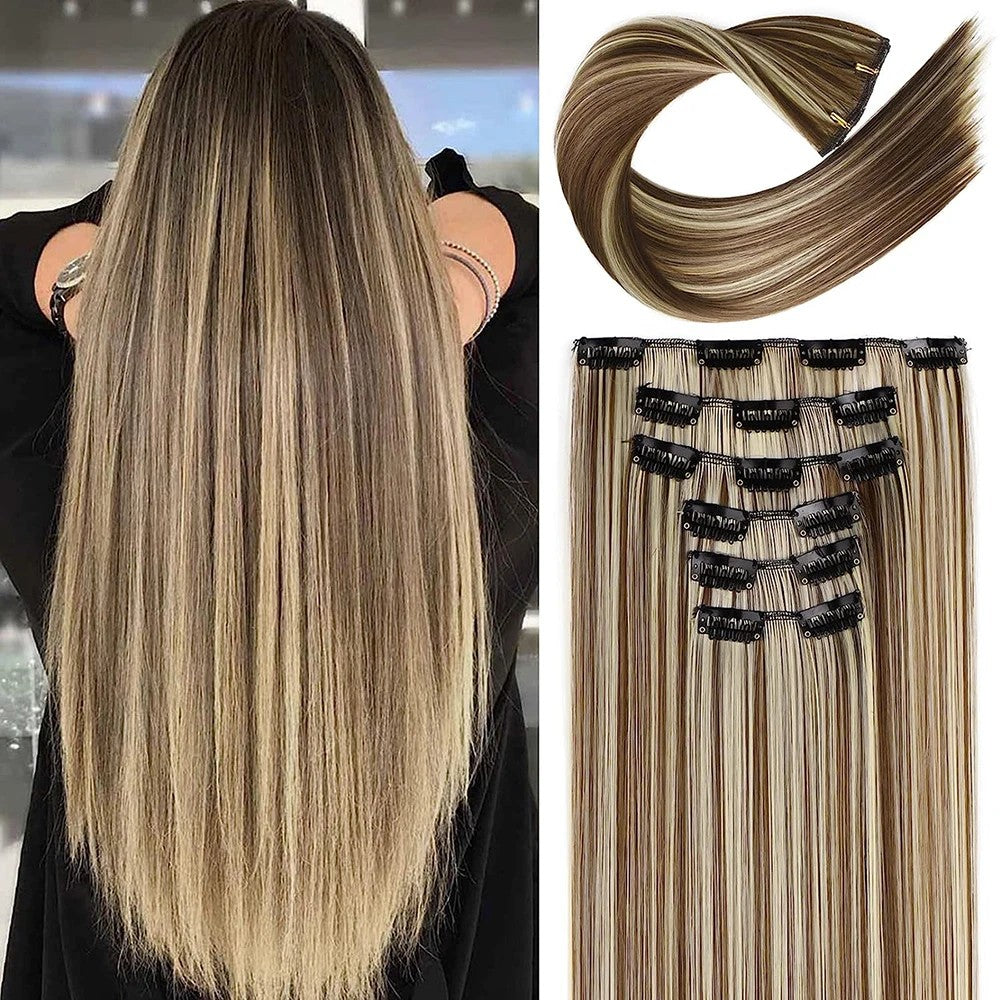 Extensões de Cabelo Sintéticas Lisas Longas com 16 Grampos para Mulheres e Meninas Acessórios para Cabelo