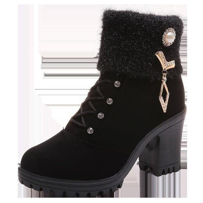 Women's Designer High Heels Shoes 2023 Winter New Warm Non-slip Block Cow Suede Warm Snow Boots Fashion Crystal Plush Goth Botas