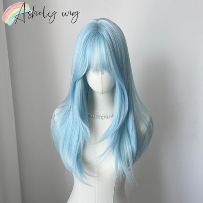 Lce Blue Wig with Bangs 22inch Middle Straight Hair Wig Lolita Nature Looking Headband Heat Resistant Fibers Synthetic Wigs ??