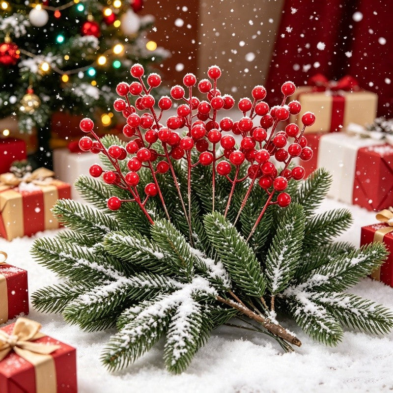 10Pcs Artificial Pine Branches Holly Berries Red Berry Branches for Xmas Tree Decor Wreath Navidad Gift Christmas Decoration