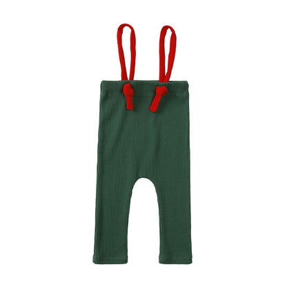 2025 Christmas Baby Suspender Pants with Hat Infant Knit Trousers Outfits Cute Toddler Newborn Casual Leggings Costumes
