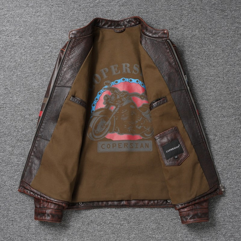 Fashionable Men's Motor Jacket Genuine Cow Leather Coat Male Outerwear Windbreaker Spring Autumn Cloth with Epaulet Brown