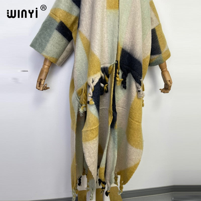 2022 WINYI Winter Women tassel Cardigan coat Loose Christmas dress robe longue Thick Warm free size Middle East Female Kaftan