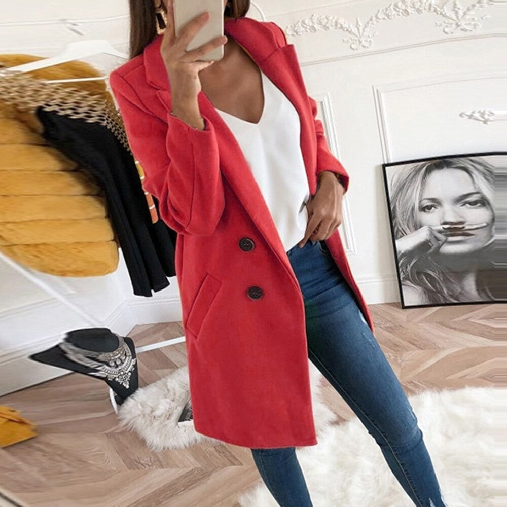 2024 European and American New Solid Color Lapel Mid length Button Woolen Coat for Women