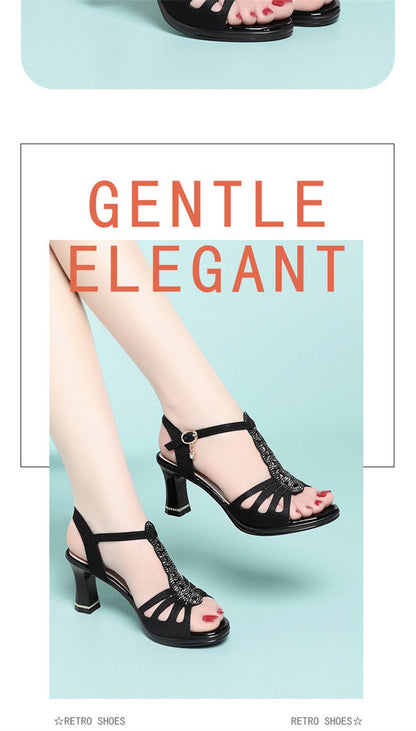 2025 New All-Match Thick Heel Thick Sole Fish Mouth Shoes Middle-Aged Women's Summer Elegant Mother Professional Sandals Fashion