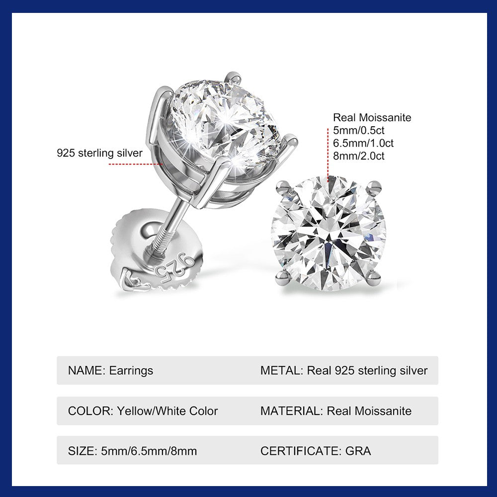 Sweetrain 0.5-2ct Moissanite Screw Back Earrings 925 Sterling Silver Brilliant Round Cut Moissanite Stud Earrings for Women Men