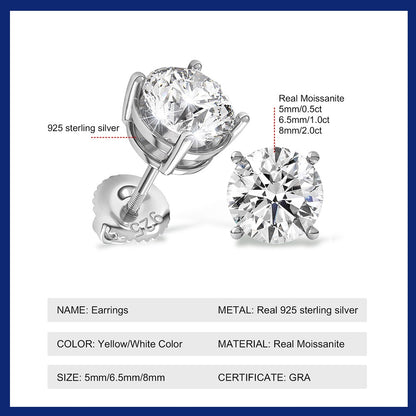 Sweetrain 0.5-2ct Moissanite Screw Back Earrings 925 Sterling Silver Brilliant Round Cut Moissanite Stud Earrings for Women Men