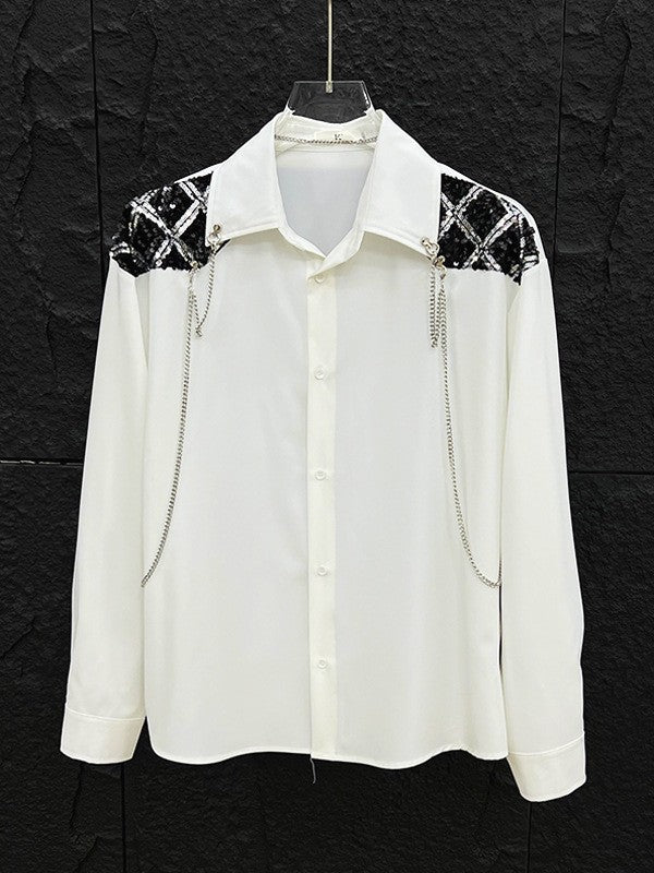 New high-end personalized metal chain design for men's long sleeved patchwork loose sequined shirt