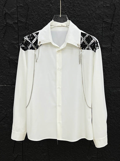 New high-end personalized metal chain design for men's long sleeved patchwork loose sequined shirt