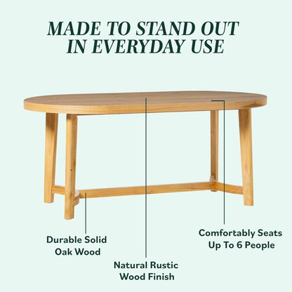 Modern Farmhouse Rustic Solid Oak Wood Oval Dining Table for 6 - White Oak