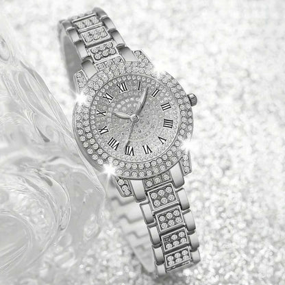 4 Pieces Fashionable Luxury Women's Watch Set with Rhinestone Roman Numbers Round Dial Watch Quartz Bracelet Perfect Gift Set