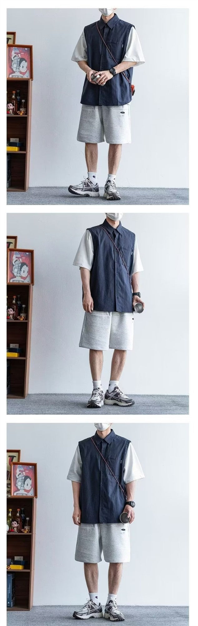 Summer Retro Fake Two-Piece Shirts For Men Casual Patchwork Short Sleeve Cargo Shirt 2025 New Pocket Y2K Streetwear Tee Tops