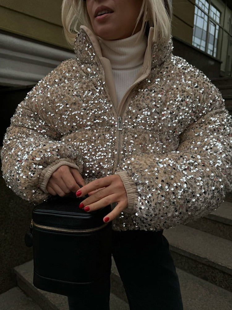 Sparkly Women's Sequin Puffer Jacket Oversize Cropped Stand Collar Zip-Up Party Coat Fashion High Street Female Winter Outerwear