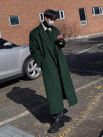 Mauroicardi Autumn Winter Long Warm Oversized Soft Dark Green Black Woolen Coat Men Loose Casual Korean Wool Blends Overcoat