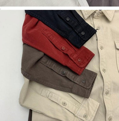 May Khaki heavy cargo double-pocket shirt men's cotton wash wool long-sleeved Japanese vintage loose coat