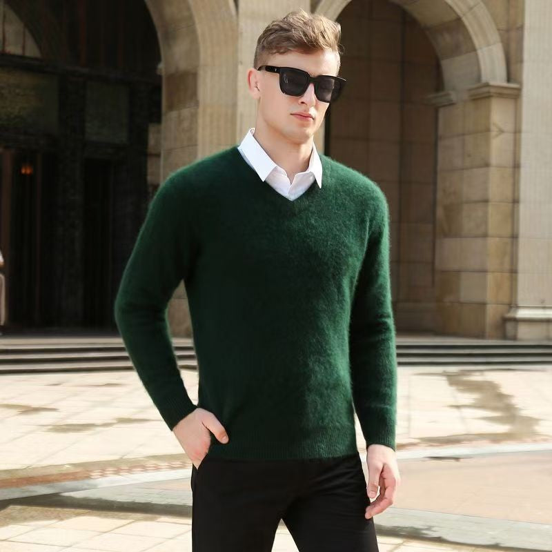 Autumn And Winter New Warm Pure Mink Cashmere Sweater Men's V-neck Pullover Thickened Plus Size Knitted Bottoming Shirt