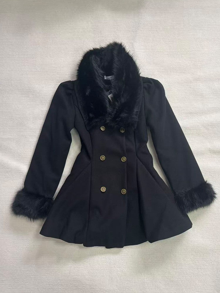 Winter Hepburn Black Fur Collar Woolen Coat French Style Vintage Blends Slim Mid-length Outwear Elegant Lolita Warm Outfits 2025