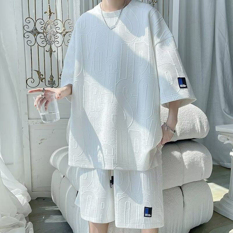 2025 3D Men's new Waffle TZ30 Summer Suit  Casual T-shirt + Shorts Suit Men's Tracksuit Solid color tracksuit loose suit