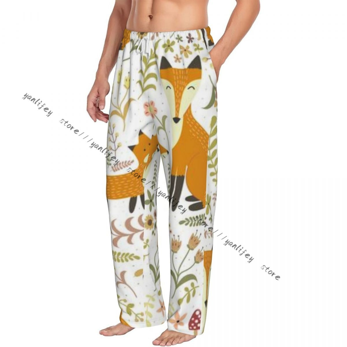 Men's Sleepwear Loose Sleep Pants Pajamas Cute Foxes Forest Long Lounge Bottoms Casual Homewear