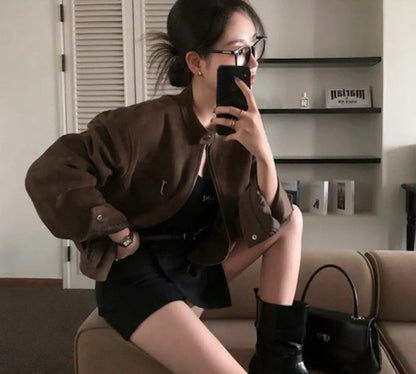 Retro American Coffee Brown Copper Zipper Button Short Jacket 2025 Autumn Trendy PU Leather Jacket Versatile for Dynamic Women
