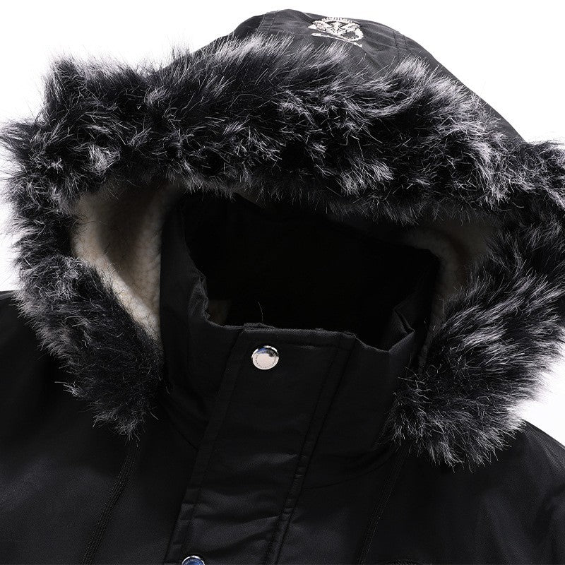 Winter Warm Thickened Hooded Jacket With Raw Edge Lined Aviator Jackets Embroidered Badge Design Outdoor Windproof Men's Coat