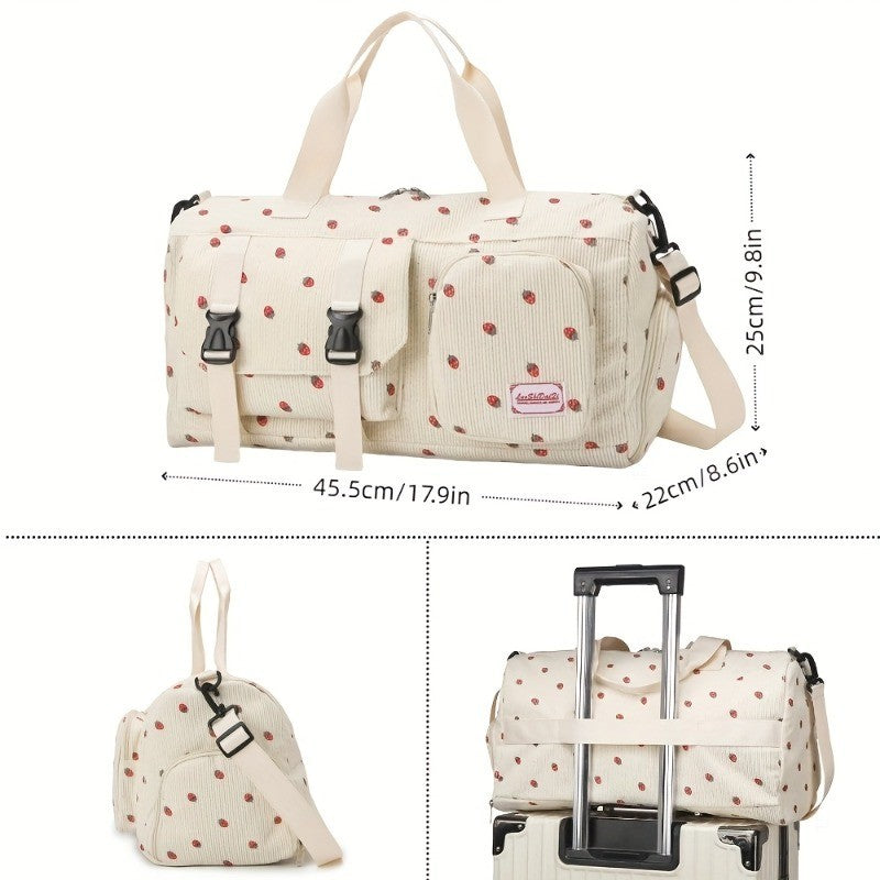 Large Capacity Travel Duffel Bag with Strawberry Pattern, Wet/Dry Separation, Independent Shoe Compartment & Multiple Pockets