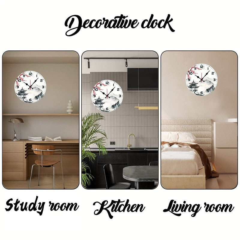 Chinese Landscape Wooden Round Silent Hanging Wall Clock, Suitable For Living Room, Office, Study Room, Bedroom, Home Decoration