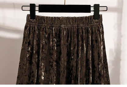 Autumn Winter Girls New A-line Velvet Skirt 2025 Plus Size Gold Velvet Half Pleated Skirt Solid Versatile High Waist Mid Skirt