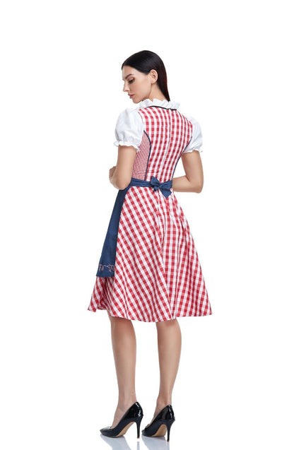 Traditional Bavarian Oktoberfest Costumes Plaid Dirndl Dresses Women Apron Dress German Beer Wench Maid Cosplay Party Dress