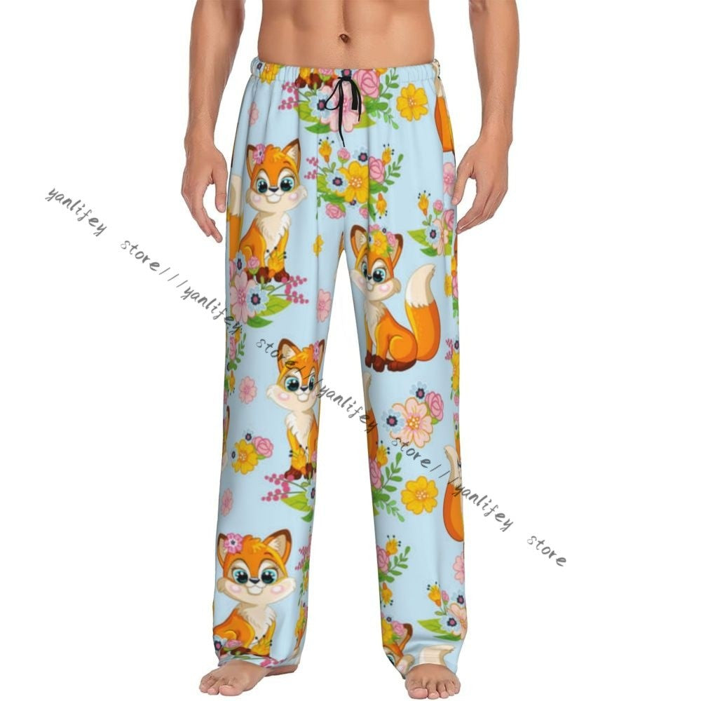 Men's Sleepwear Loose Sleep Pants Pajamas Cute Fox Background Long Lounge Bottoms Casual Homewear
