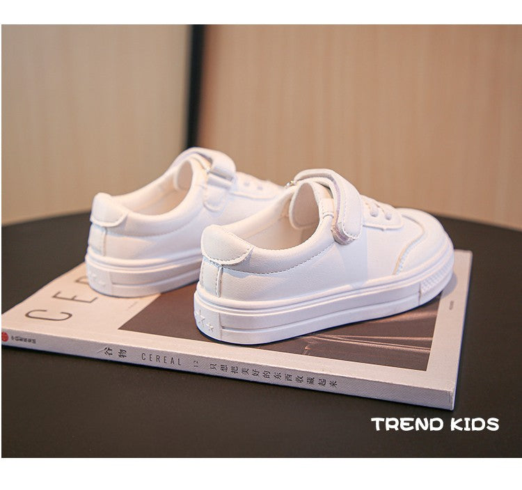Children Casual Shoes White Pu Leather Plain Design School Kids Sneakers Unisex All-match 26-36 Four Seasons Boys Girls Shoes