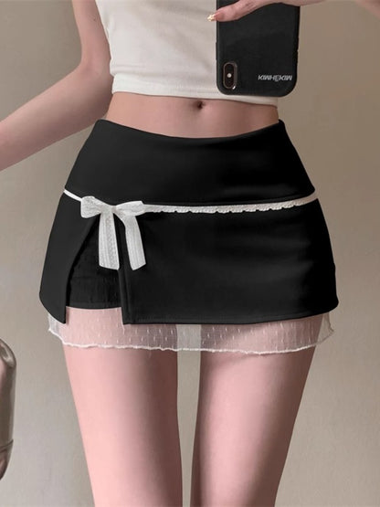 Sweet Lace Patchwork Women Skirts Summer Japanese Kawaii Bow Mini Skirts Fashion Low Waist Preppy Slit A Line Skirts New