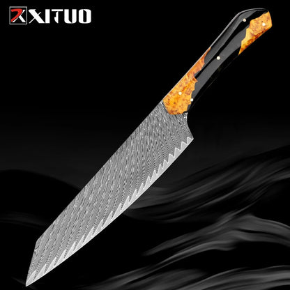 Conjunto de Facas de Chef XITUO Artesanais de Aço Damasco 1-5 peças, Facas de Cozinha Full Tang Extremamente Afiadas Santoku e Faca para Legumes, Cabo Ergonômico